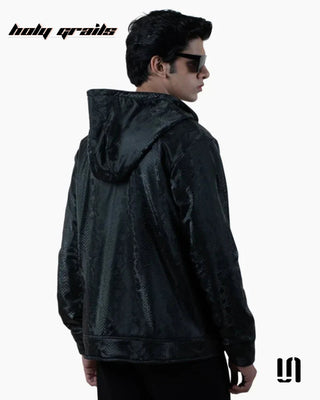 Men in Street Style 'Sleek Black Cobra' Black 100% Lamb Curst Leather Zipper Jacket HG x Sullitt - Back Side