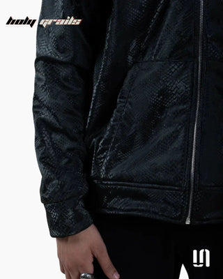 Men in Street Style 'Sleek Black Cobra' Black 100% Lamb Curst Leather Zipper Jacket HG x Sullitt - Front Close Up