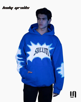 Men in Street Style 'Torn Stiched' Blue 350 GSM Cotton Sleeve Printed Oversize Hoodie HG x Sullitt - Front