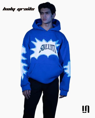 Men in Street Style 'Torn Stiched' Blue 350 GSM Cotton Sleeve Printed Oversize Hoodie HG x Sullitt - Front Full