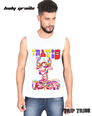 Men in Street Style 'Travis Skeleton' White 180 GSM 100% Cotton Graphic Sleeveless Tank Tee HG x Trip Tribe - Front