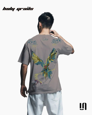 Men in Street Style 'Vividly Parrot' Ash Grey 240 GSM 100% French Terry Cotton Puff Printed Oversized Tee HG x Sullitt - Back