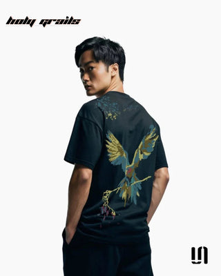 Men in Street Style 'Vividly Parrot' Black 240 GSM 100% French Terry Cotton Puff Printed Oversized Tee HG x Sullitt - Back Side