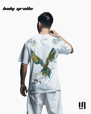 Men in Street Style 'Vividly Parrot' White 240 GSM 100% French Terry Cotton Puff Printed Oversized Tee HG x Sullitt - Back