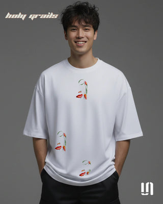 Men in Street Style 'White Flower Face' 240 GSM Premium 100% Cotton Printed Oversized Tee HG x Sullitt - Front