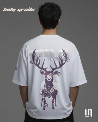 Men in Street Style 'Wild Deer' White 240 GSM 100% French Terry Cotton Puff Printed Oversized Tee HG x Sullitt - Back