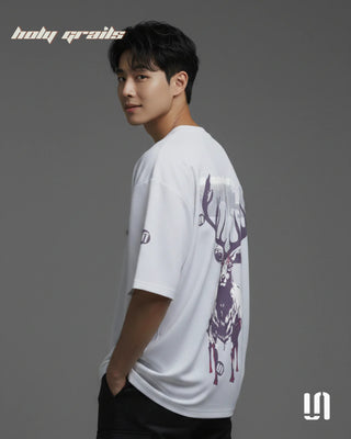 Men in Street Style 'Wild Deer' White 240 GSM 100% French Terry Cotton Puff Printed Oversized Tee HG x Sullitt - Side