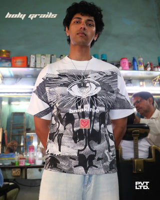 Men in Streetwear Style 'Breakfree' White Cotton Graphic Oversize Tee HG x Pvt Ltd - Front