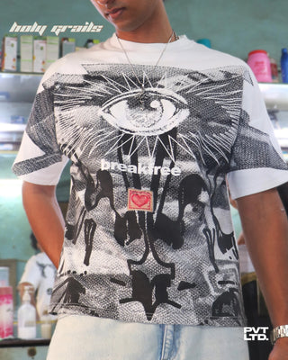 Men in Streetwear Style 'Breakfree' White Cotton Graphic Oversize Tee HG x Pvt Ltd - Front Close