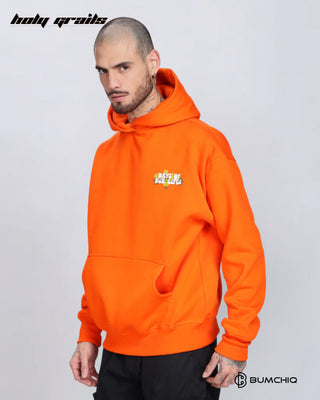 Men in Streetwear Style 'Day Life' Orange 350-370 GSM Puff Printed Oversize Graphic Hoodie HG x Bumchiq - Side 1