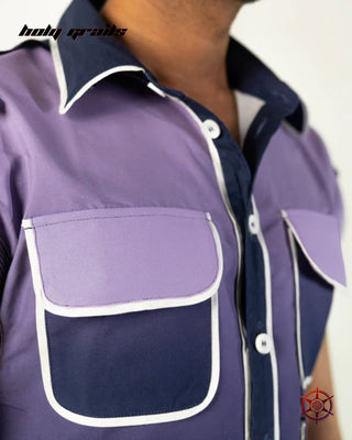 Men in Streetwear Style 'Grape Bleed Drawcord' Lavender Blue 120 GSM Polycotton & 140 GSM Cotton Twill Oversize Shirt HG x Duskin - Front Pocket Close Up