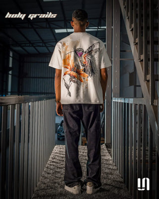 Men in Streetwear Style 'Kiss of Nector' White 240 GSM French Terry Cotton Graphic Puff Printed Oversize Tee HG x Sullitt - Back