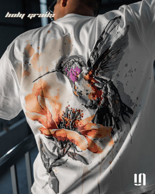 Men in Streetwear Style 'Kiss of Nector' White 240 GSM French Terry Cotton Graphic Puff Printed Oversize Tee HG x Sullitt - Back Close