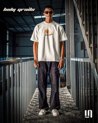 Men in Streetwear Style 'Kiss of Nector' White 240 GSM French Terry Cotton Graphic Puff Printed Oversize Tee HG x Sullitt - Front