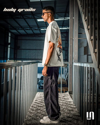 Men in Streetwear Style 'Kiss of Nector' White 240 GSM French Terry Cotton Graphic Puff Printed Oversize Tee HG x Sullitt - Side