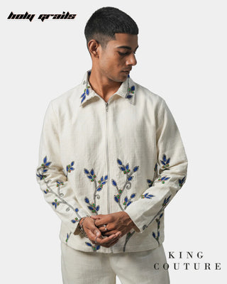 Men in Streetwear Style 'Staghorn Fern' White Cotton Slub Zipper Jacket HG x King Couture - Front