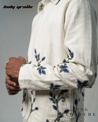 Men in Streetwear Style 'Staghorn Fern' White Cotton Slub Zipper Jacket HG x King Couture - Side Close Up