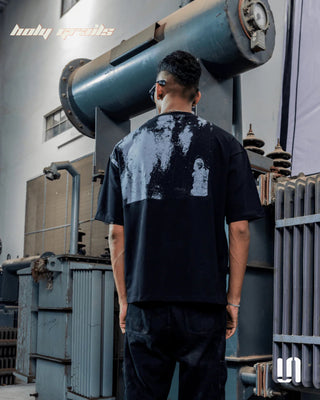 Men in Streetwear 'Angel Grey Patch' Black 240 GSM French Terry Lycra Graphic Oversize Tee HG x Sullitt  - Back Full