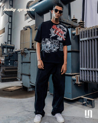 Men in Streetwear 'Angel Grey Patch' Black 240 GSM French Terry Lycra Graphic Oversize Tee HG x Sullitt  - Front Full