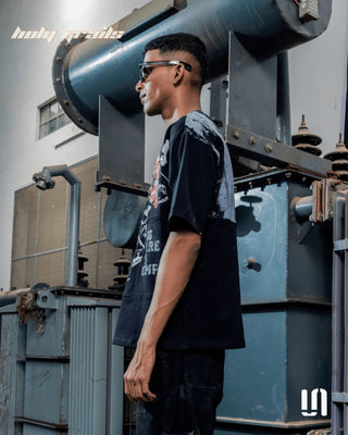 Men in Streetwear 'Angel Grey Patch' Black 240 GSM French Terry Lycra Graphic Oversize Tee HG x Sullitt  - Side Full