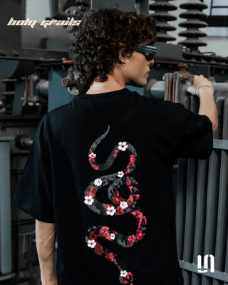 Men in Streetwear 'Bloomed Snake' Black 240 GSM French Terry Lycra Puff Print Oversize Tee HG x Sullitt - Back Close