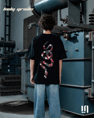 Men in Streetwear 'Bloomed Snake' Black 240 GSM French Terry Lycra Puff Print Oversize Tee HG x Sullitt - Back Full
