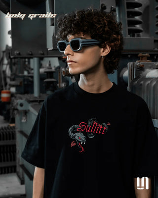 Men in Streetwear 'Bloomed Snake' Black 240 GSM French Terry Lycra Puff Print Oversize Tee HG x Sullitt - Front Close