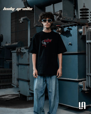 Men in Streetwear 'Bloomed Snake' Black 240 GSM French Terry Lycra Puff Print Oversize Tee HG x Sullitt - Front Full