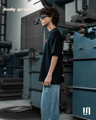 Men in Streetwear 'Bloomed Snake' Black 240 GSM French Terry Lycra Puff Print Oversize Tee HG x Sullitt - Side Full