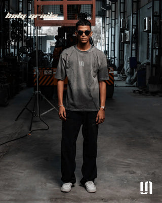 Men in Streetwear 'Grey Threadbare' 330 GSM Heavyweight Cotton Jersey Puff Printed Oversize Tee HG x Sullitt - Front Full