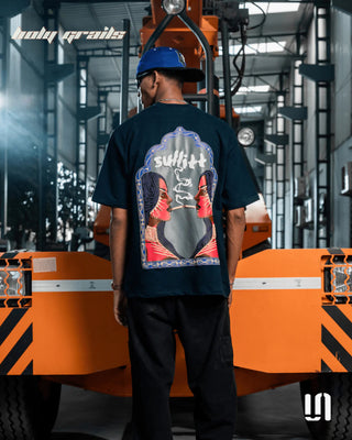 Men in Streetwear 'Midnight Lady Smoke' Blue 240 GSM French Terry Lycra Graphic Puff Printed Regular Fit Tee HG x Sullitt - Back Full