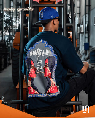 Men in Streetwear 'Midnight Lady Smoke' Blue 240 GSM French Terry Lycra Graphic Puff Printed Regular Fit Tee HG x Sullitt - Back