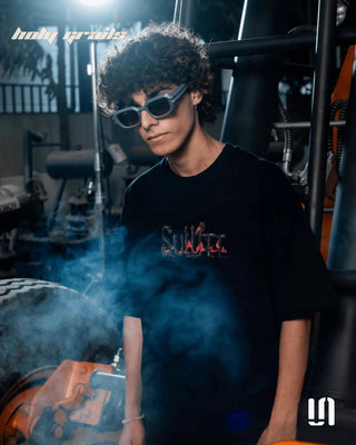 Men in Streetwear 'Night Watch' Black 240 GSM French Terry Lycra Graphic Puff Printed Oversize Tee HG x Sullitt - Front