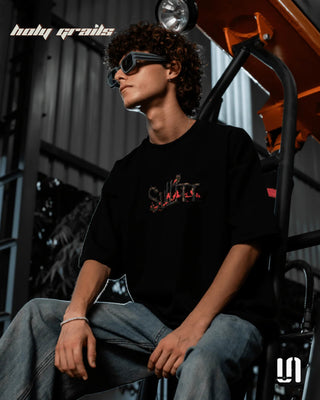 Men in Streetwear 'Night Watch' Black 240 GSM French Terry Lycra Graphic Puff Printed Oversize Tee HG x Sullitt - Front Side Sitting