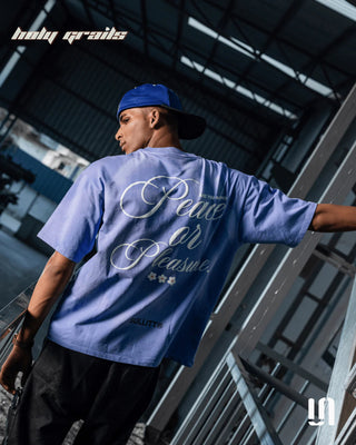 Men in Streetwear 'Peace n Pleasure' Blue Wash 240 GSM French Terry Lycra Graphic Oversize Tee HG x Sullitt - Back