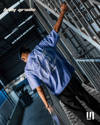 Men in Streetwear 'Peace n Pleasure' Blue Wash 240 GSM French Terry Lycra Graphic Oversize Tee HG x Sullitt - Back Full