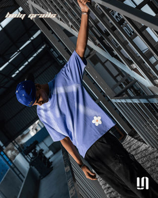 Men in Streetwear 'Peace n Pleasure' Blue Wash 240 GSM French Terry Lycra Graphic Oversize Tee HG x Sullitt - Front
