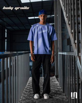 Men in Streetwear 'Peace n Pleasure' Blue Wash 240 GSM French Terry Lycra Graphic Oversize Tee HG x Sullitt - Front Full