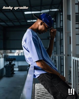 Men in Streetwear 'Peace n Pleasure' Blue Wash 240 GSM French Terry Lycra Graphic Oversize Tee HG x Sullitt - Side