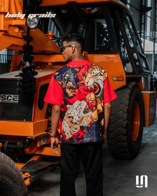 Men in Streetwear 'Rival Roar Tiger' Red 240 GSM French Terry Cotton Graphic Oversize Tee HG x Sullitt - Back Full