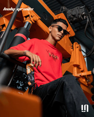 Men in Streetwear 'Rival Roar Tiger' Red 240 GSM French Terry Cotton Graphic Oversize Tee HG x Sullitt - Front Sitting