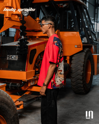 Men in Streetwear 'Rival Roar Tiger' Red 240 GSM French Terry Cotton Graphic Oversize Tee HG x Sullitt - Side Full