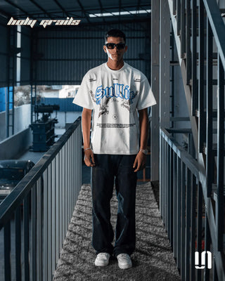 Men in Streetwear 'Wings of Freedom' White 240 GSM French Terry Lycra Puff Print Relaxed Fit Tee HG x Sullitt - Front Full