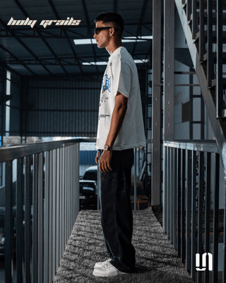 Men in Streetwear 'Wings of Freedom' White 240 GSM French Terry Lycra Puff Print Relaxed Fit Tee HG x Sullitt - Side Front