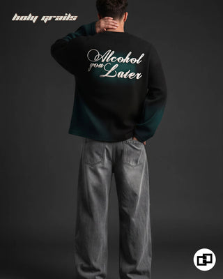Men in 'Alcohol You Later' Green 100% Cotton Waffle Knit Fabric Screen Printed Oversize Full Sleeve T-Shirt HG x Grey Hound - Back Full