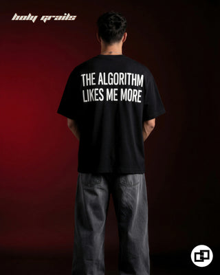 Men in 'Algorithm Likes Me More' Black 240 GSM 100% Cotton Puff Print Oversize T-Shirt HG x Grey Hound - Back Full