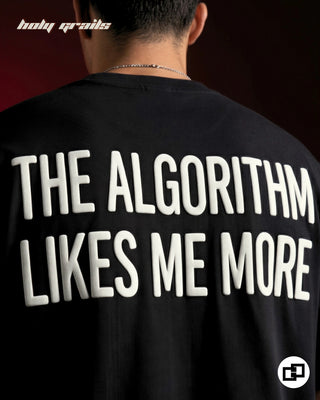 Men in 'Algorithm Likes Me More' Black 240 GSM 100% Cotton Puff Print Oversize T-Shirt HG x Grey Hound - Back Print Close Up