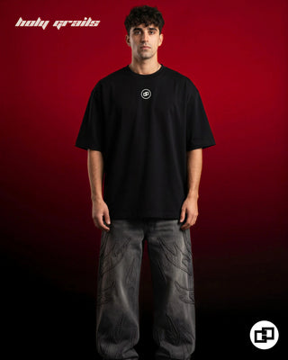 Men in 'Algorithm Likes Me More' Black 240 GSM 100% Cotton Puff Print Oversize T-Shirt HG x Grey Hound - Front Full