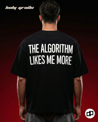 Men in 'Algorithm Likes Me More' Black 240 GSM 100% Cotton Puff Print Oversize T-Shirt HG x Grey Hound - Back