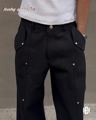 Men in 'Black Command' Deep Black Premium Structured Denims Wide Leg Pants HG x Charactr - Front Close Up